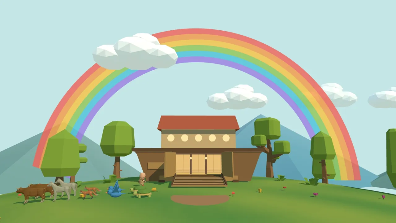 The end of Noah's story: animals on dry ground, the ark, and a rainbow in the sky.
