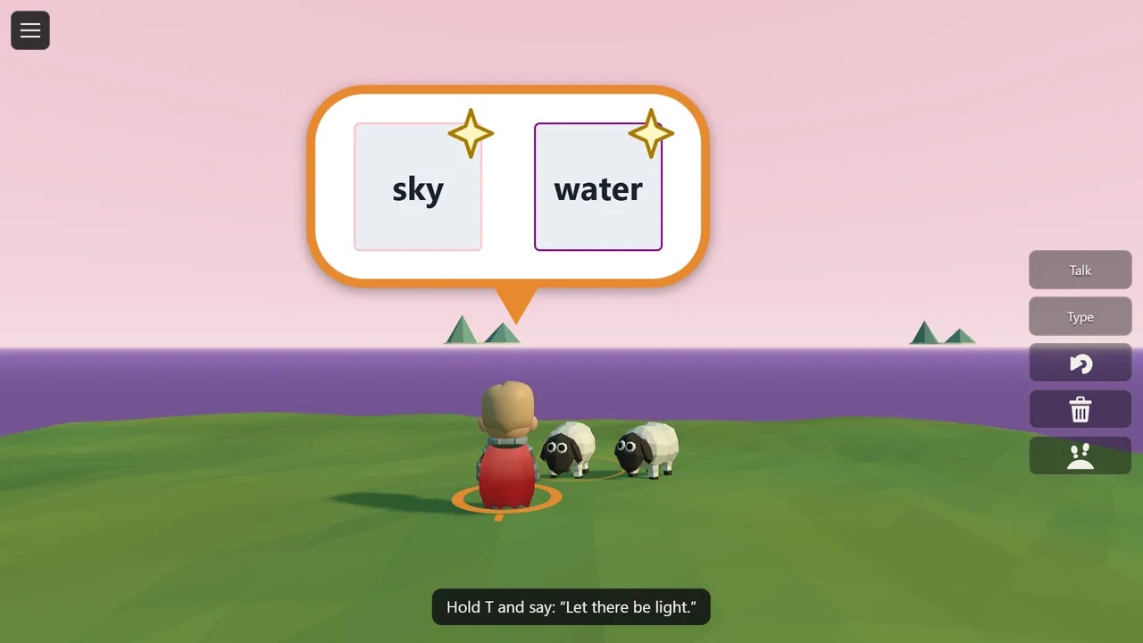 The sky turns pink and the sea purple over the green island, with two sheep beside the player.