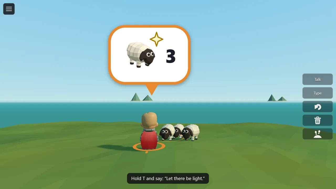 Three fluffy sheep stand beside the player on the meadow. The bubble shows a sheep and the number three.