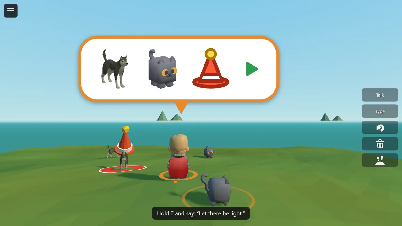 A cat in a red party hat is it, and the dogs and the other cat run from it across the meadow. The bubble shows a dog, a cat, the hat and a play sign.